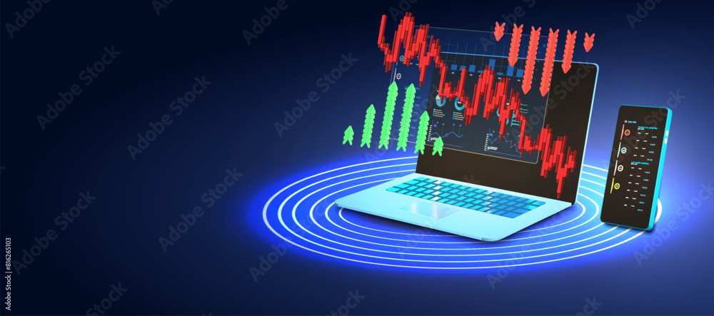 Naklejka premium Advanced Digital Finance Interface on Devices, High-Tech Online Banking, Investment Data Analysis