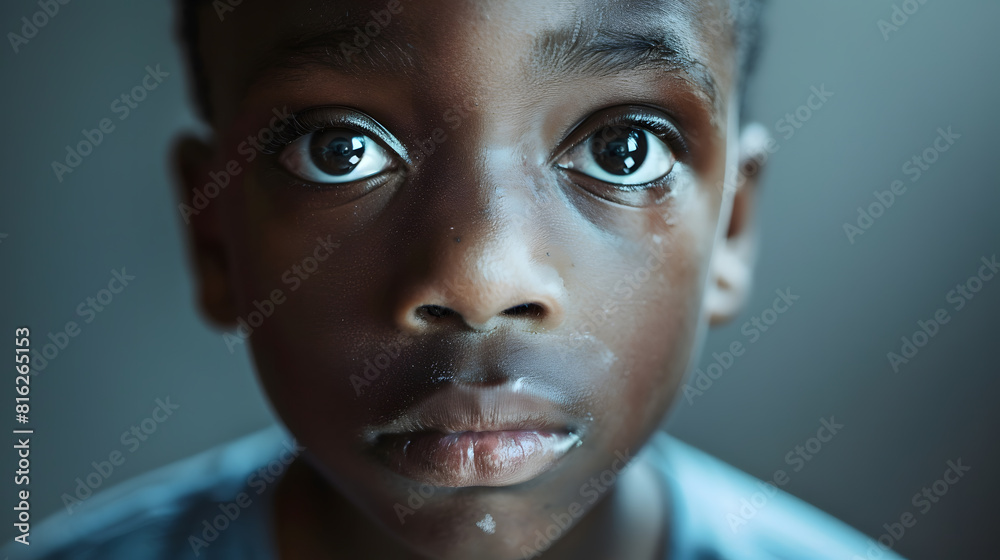 Serious African American kid having focused and concentrated face looking at camera with sadness worry and melancholy in his big deep brown eyes Kids and their attitude feelings emotio : Generative AI Serious African American kid having focused and concentrated face looking at camera with sadness worry and melancholy in his big deep brown eyes Kids and their attitude feelings emotio : Generative AI