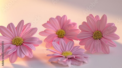 Five pink petals and a yellow center fall at various angles to create three-dimensional pink flowers