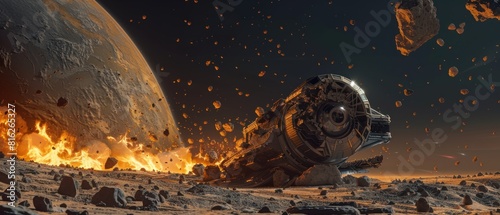 Fototapeta Naklejka Na Ścianę i Meble -  Space station crashed on the outer planet dangerous substance scenery