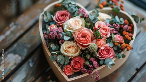 lovely bouquet in a box shaped like a heart.