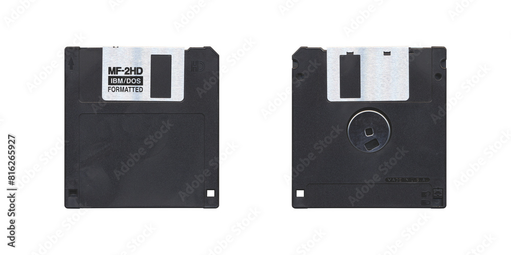 Isolated Retro 3.5” Floppy Disk with front and back side on transparent background, old vintage storage png diskette