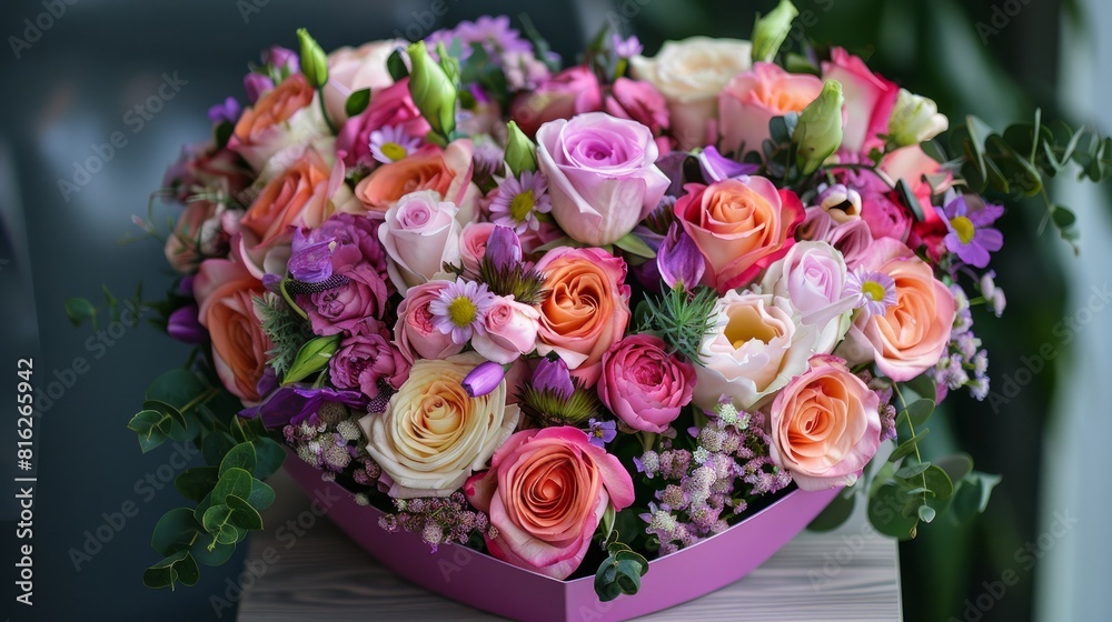 lovely bouquet in a box shaped like a heart. lovely bouquet in a box shaped like a heart.