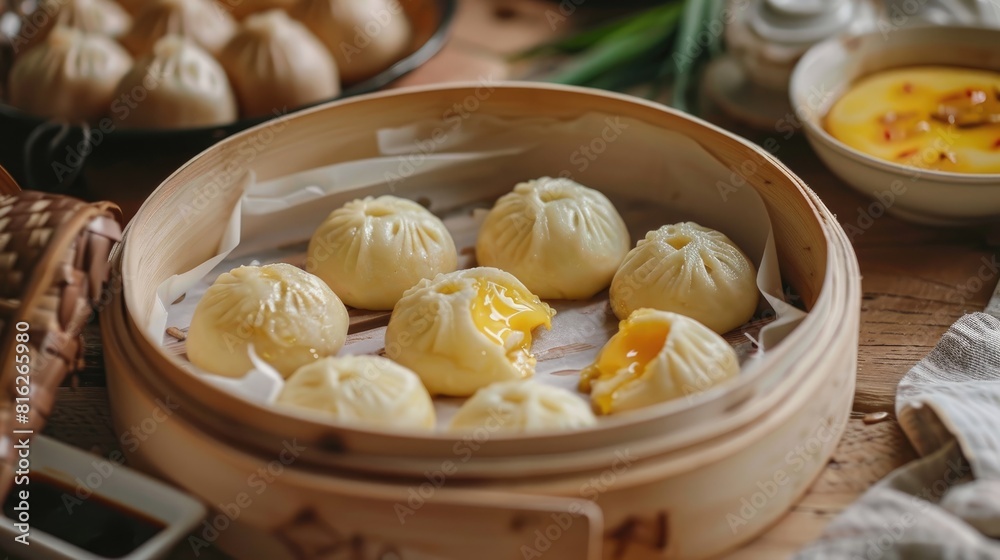 Complete the process of cutting and making egg yolk steamed buns on a wooden table Complete the process of cutting and making egg yolk steamed buns on a wooden table