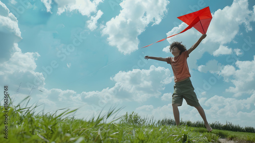 Male with curly hair wearing shorts is flying a red kite on green meadow Turkish man flying a kite People human model Vertical photo Childhood idea concept Enjoying freetime : Generative AI photo