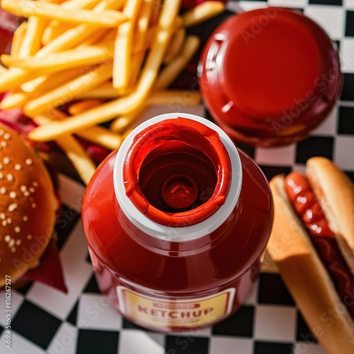 Bottle of ketchup tomato sauce with fast food concept