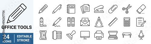 Office tools line web icons. Pen, pencil, paintbrush, dropper, stamp, smudge, paint bucket, vector illustrations