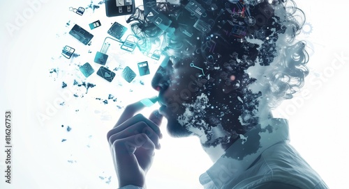 portrait of person thinking and planning, human head with multiple technology and networking signs around, double exposure effect