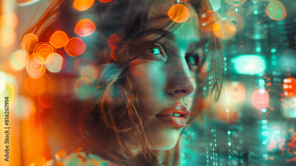 young beautiful woman in big cyberspace city portrait, closeup face with digital trace and blurred urban lights, futuristic youth concept young beautiful woman in big cyberspace city portrait, closeup face with digital trace and blurred urban lights, futuristic youth concept