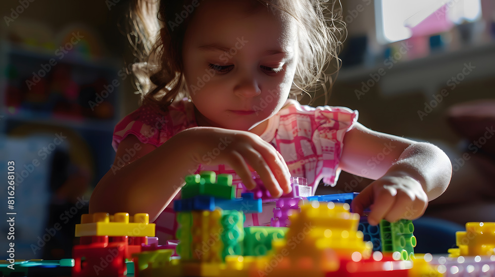 Little girl playing colorful magnet plastic blocks kit at home The child playing educational games Early childhood development High quality photo : Generative AI
