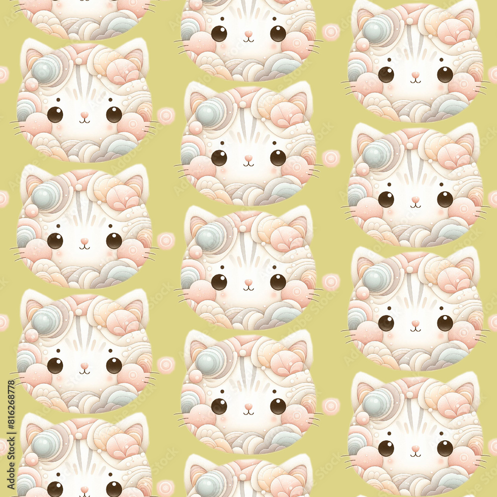 Seamless pattern with stylised kitten faces