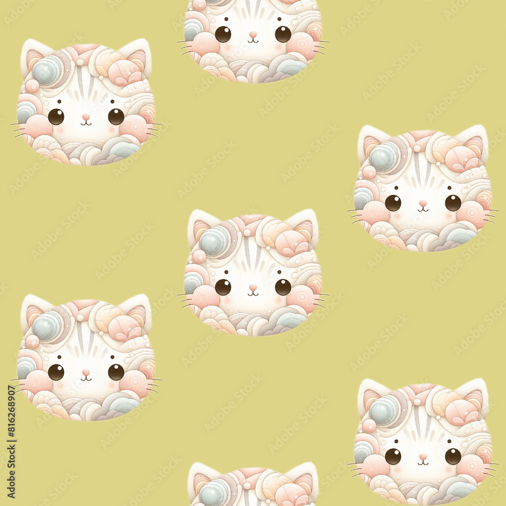 Seamless pattern with stylised kitten faces