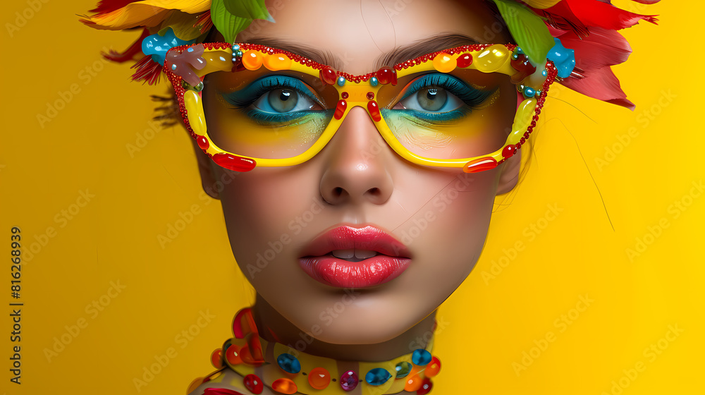 Close-up of a young woman with vibrant eyewear and candy-like adornments on a yellow background