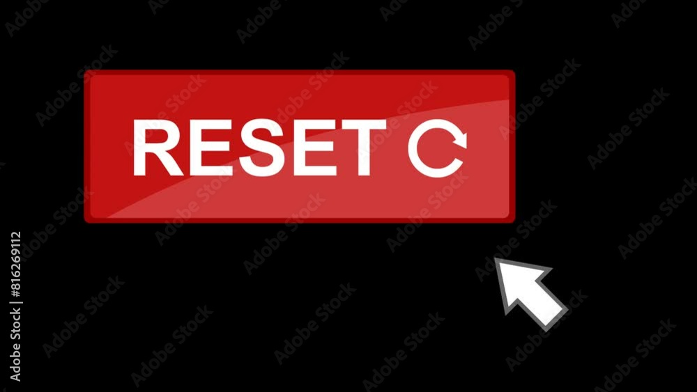 video animation mouse cursor clicking on red reset button digital software, on a transparent background with alpha channel set to zero