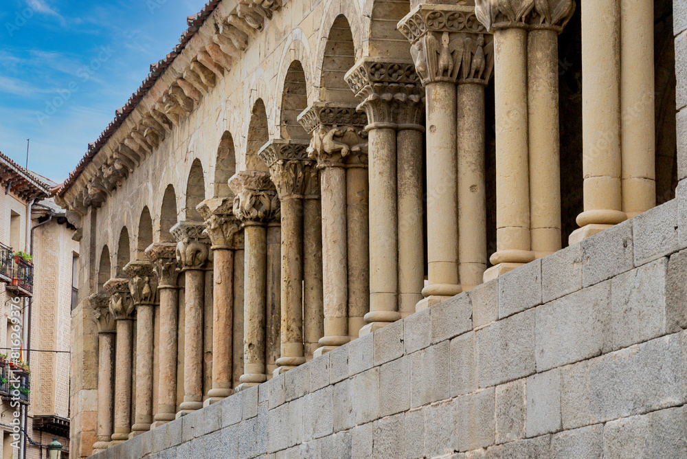 Segovia, Spain. April 28, 2022: Roman columns church of san martin segovia and architecture of the city. Segovia, Spain. April 28, 2022: Roman columns church of san martin segovia and architecture of the city.
