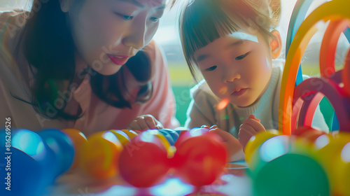 little girl and mother playing with educational toy  labyrinth kindergarten concept lifestyle Early education and development child and adult playing together : Generative AI photo