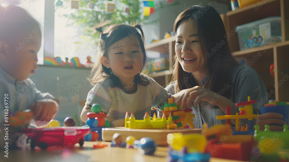 Young beautiful teacher and toddlers playing on the table with lots of toys at kindergarten : Generative AI Young beautiful teacher and toddlers playing on the table with lots of toys at kindergarten : Generative AI