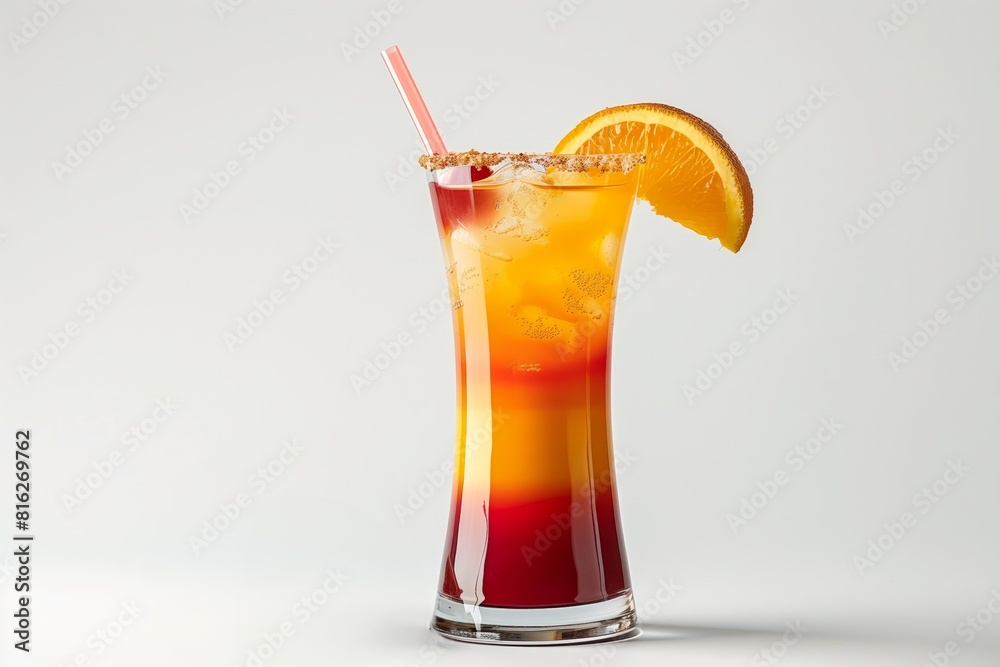 Vibrant tequila sunrise cocktail in a glass, adorned with an orange slice and cherry Vibrant tequila sunrise cocktail in a glass, adorned with an orange slice and cherry