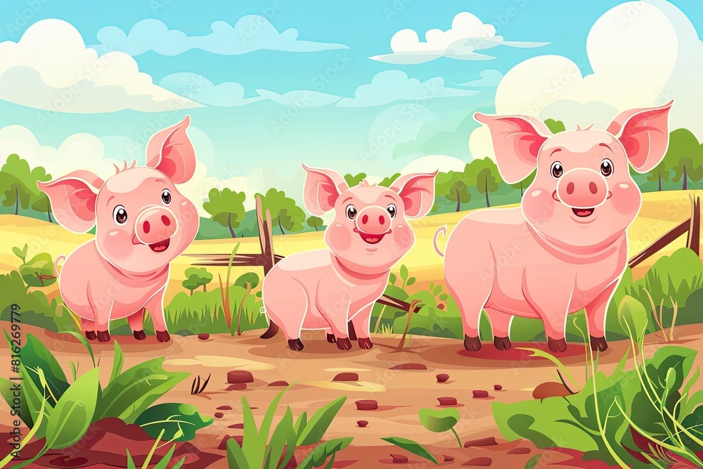 Obraz premium Three pigs are standing in a field with a fence in the background. They are all smiling and seem to be enjoying their time together
