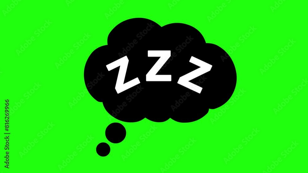 video animation black and white icon cloud thought zzz text word, sleeping and snoring concept. On a green chroma key background