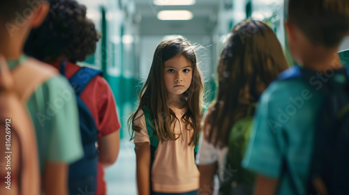 Girl kid being bullied by group of children at school corridor  concept of rejection innocent and victim : Generative AI