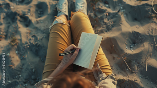 woman sitting with notebook on beach and writing memos in diary, person making notes in notepad, author writing book at sea coast photo