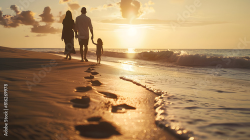Fototapeta Naklejka Na Ścianę i Meble -  Black family sunset and beach walk during summer on vacation relaxing at a peaceful scenery by the ocean Sea footprints and parents with daughter child or kid with childhood freedom : Generative AI