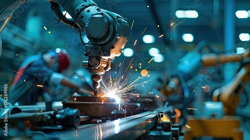 A robot is working on a piece of metal in a factory. The robot is surrounded by other robots and workers. Scene is industrial and mechanical