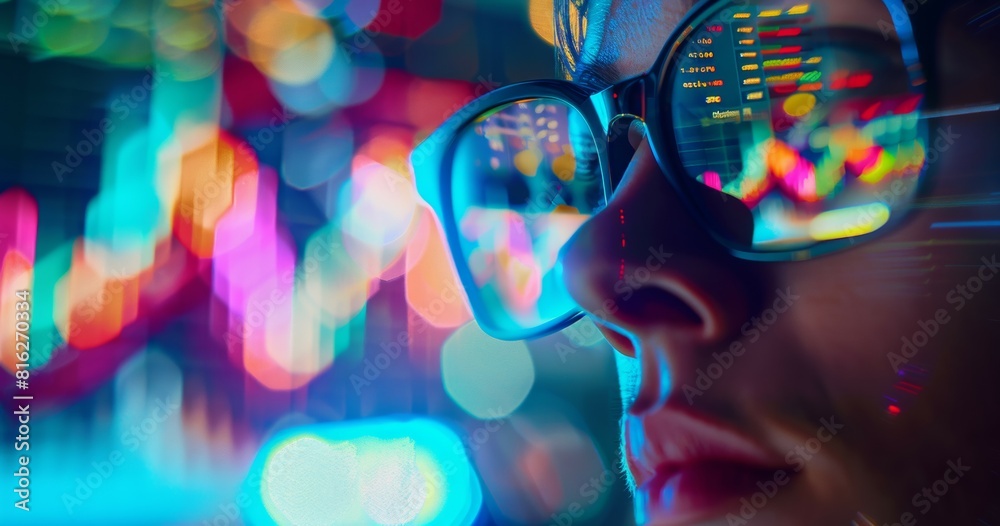 financial chart reflect in eye glasses, woman trader looking at stock market or forex currency exchange graph, business and finance trading concept