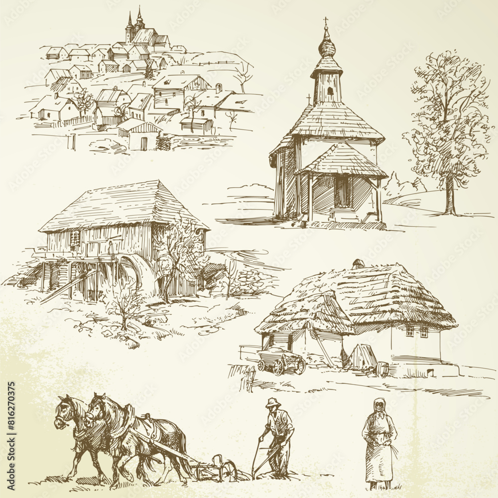 Rural landscape, agriculture, farming - hand drawn collection