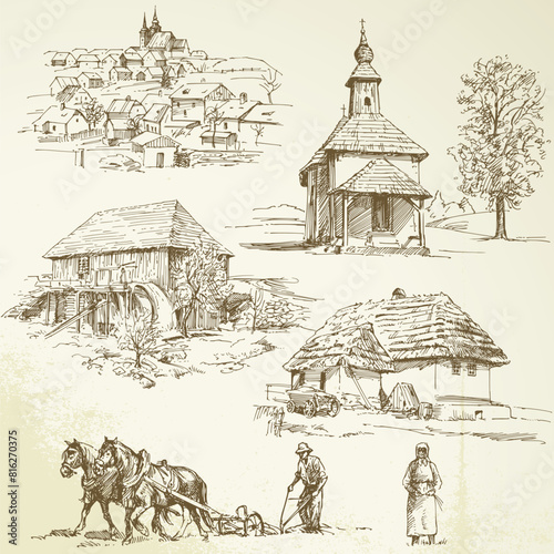 Obraz na płótnie Rural landscape, agriculture, farming - hand drawn collection
w salonie