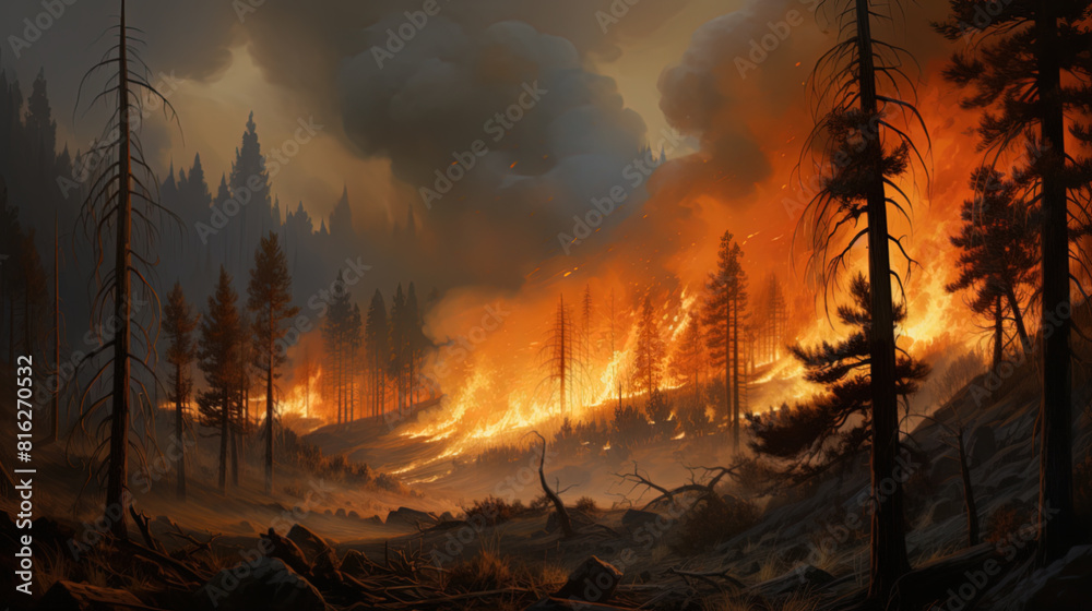 Intense flames from a massive forest fire. Flames light up the night as they rage thru pine forests and sage brushes Intense flames from a massive forest fire. Flames light up the night as they rage thru pine forests and sage brushes