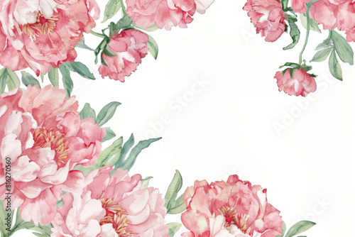 Wreath with pink peonies in watercolor, white background and copy space