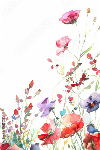 Wild flowers in watercolor, white background with copy space