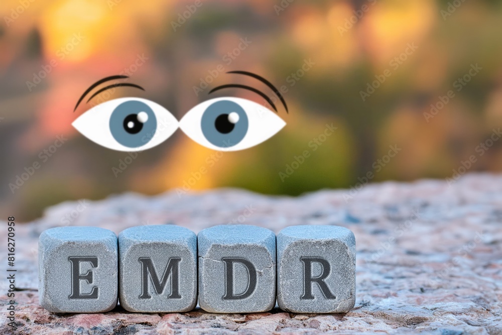 Emdr therapy, letters emdr written on gray stone cube blocks, blurred ...