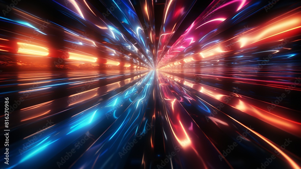 Sci-fi tunnel background with neon lights of various colors. The tunnel is long and stretches into the distance, with the lights creating a sense of speed and movement. Sci-fi tunnel background with neon lights of various colors. The tunnel is long and stretches into the distance, with the lights creating a sense of speed and movement.