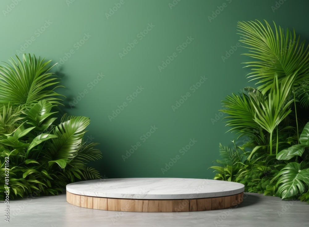 Product background, light marble pedestal and tropical plants in the background
Product background, light marble pedestal and tropical plants in the background