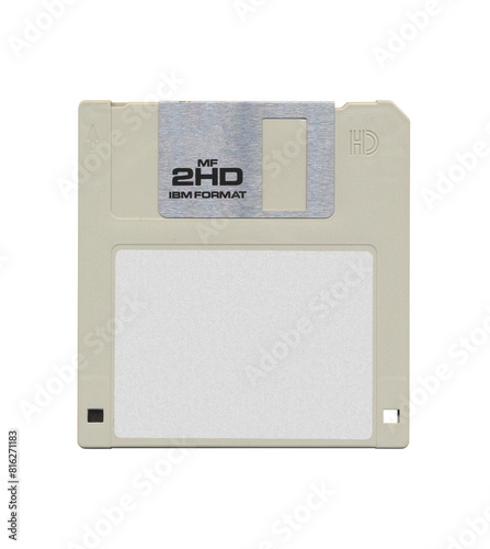 Isolated Retro 3.5” Floppy Disk mockup with white empty label sticker for text and image, disk on transparent background, old vintage storage png diskette