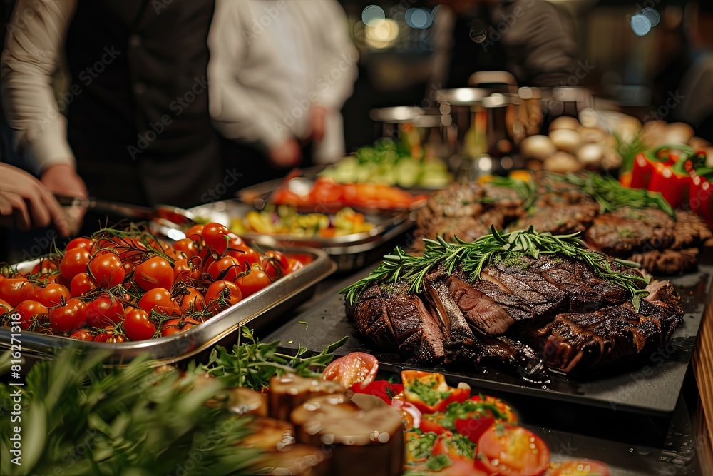 Obraz premium A table full of food with a variety of meats and vegetables. Scene is inviting and appetizing