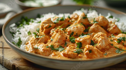 Fresh presentation of Chicken korma with basmati rice, food studio photography