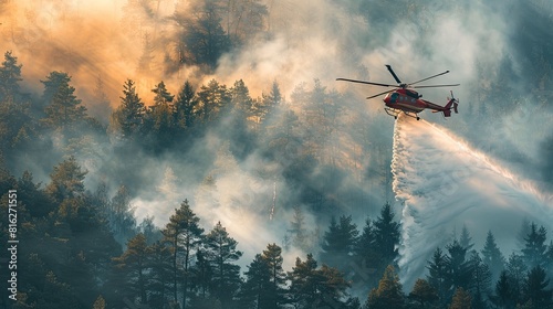 A red and white helicopter is spraying water on a forest fire. The smoke from the fire is visible in the background photo