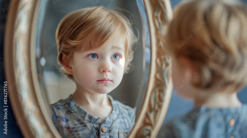 curious kid looking at mirror at himself, lovely child look at reflection, autism and self exploration concept curious kid looking at mirror at himself, lovely child look at reflection, autism and self exploration concept