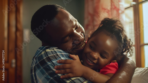 Sweet moments of fatherhood concept happy african father hold embrace cute little child daughter smiling black family mixed race daddy and small kid hugging cuddling enjoying time toge : Generative AI