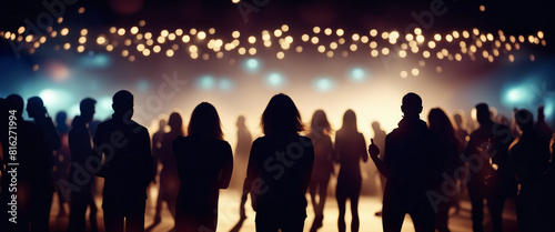 silhouettes of people having fun at a crowded party at midnight 