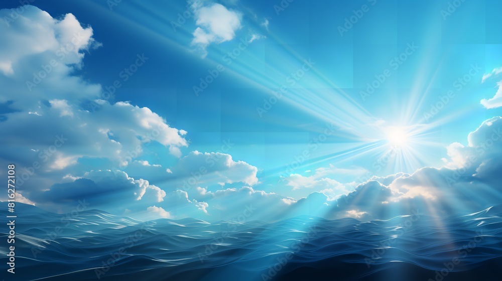 Fototapeta premium This close-up photo of a sunbeam shining through clouds over the ocean captures the breathtaking beauty and serenity of nature. The sunbeam is bright and piercing