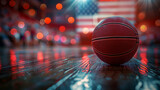 Basketball on shiny court under dramatic lighting