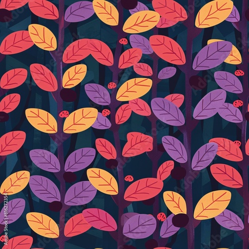 Seamless floral pattern with simple purple lilac orange and yellow leaves. Repetitive background in a painting style. For graphic design  print  cards  postcards  paper  wallpaper  postcards