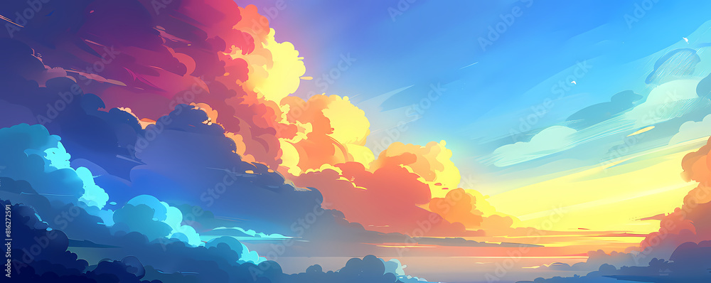 An abstract painting of a dramatic sky with vibrant colors and cloud formations evoking a dreamy atmosphere