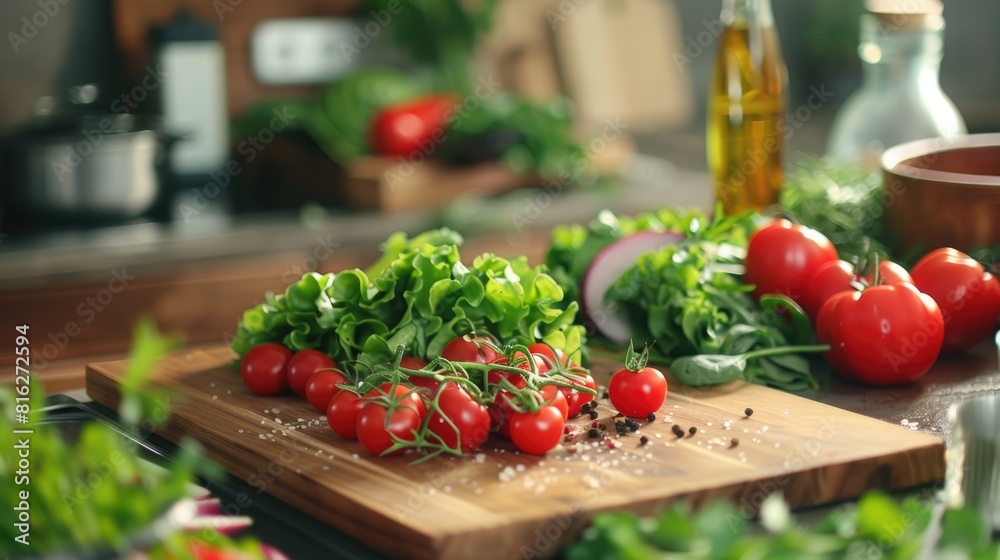 Fresh Salad Ingredients on a Kitchen Table Emphasizing a Well Balanced Diet Fresh Salad Ingredients on a Kitchen Table Emphasizing a Well Balanced Diet