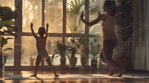 Young Indian woman and little girl perform asanas at modern home Mom teach daughter yoga do together Warrior one exercise standing barefoot in cozy warm living room Healthy lifestyle s : Generative AI photo